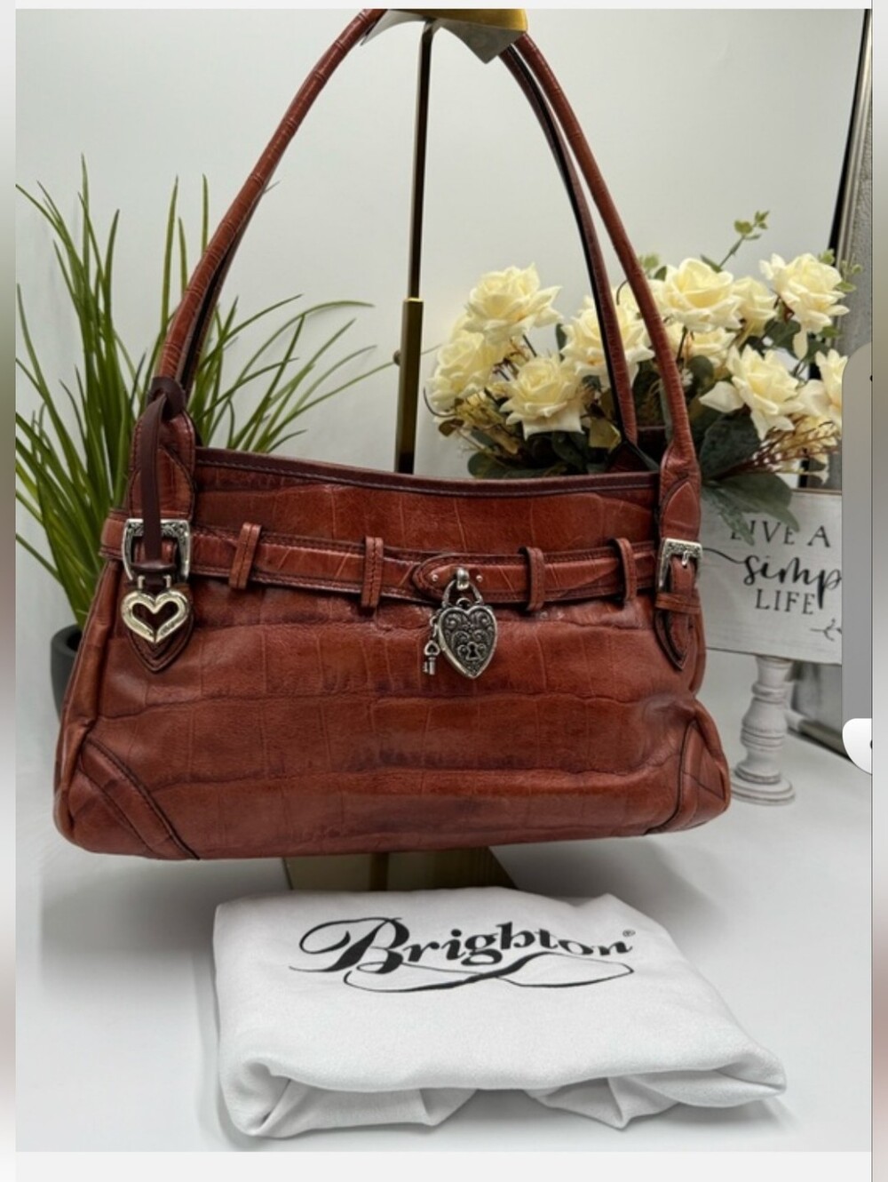 Brighton Women's Cognac Leather Shoulder Bag with 2 Heart Charms